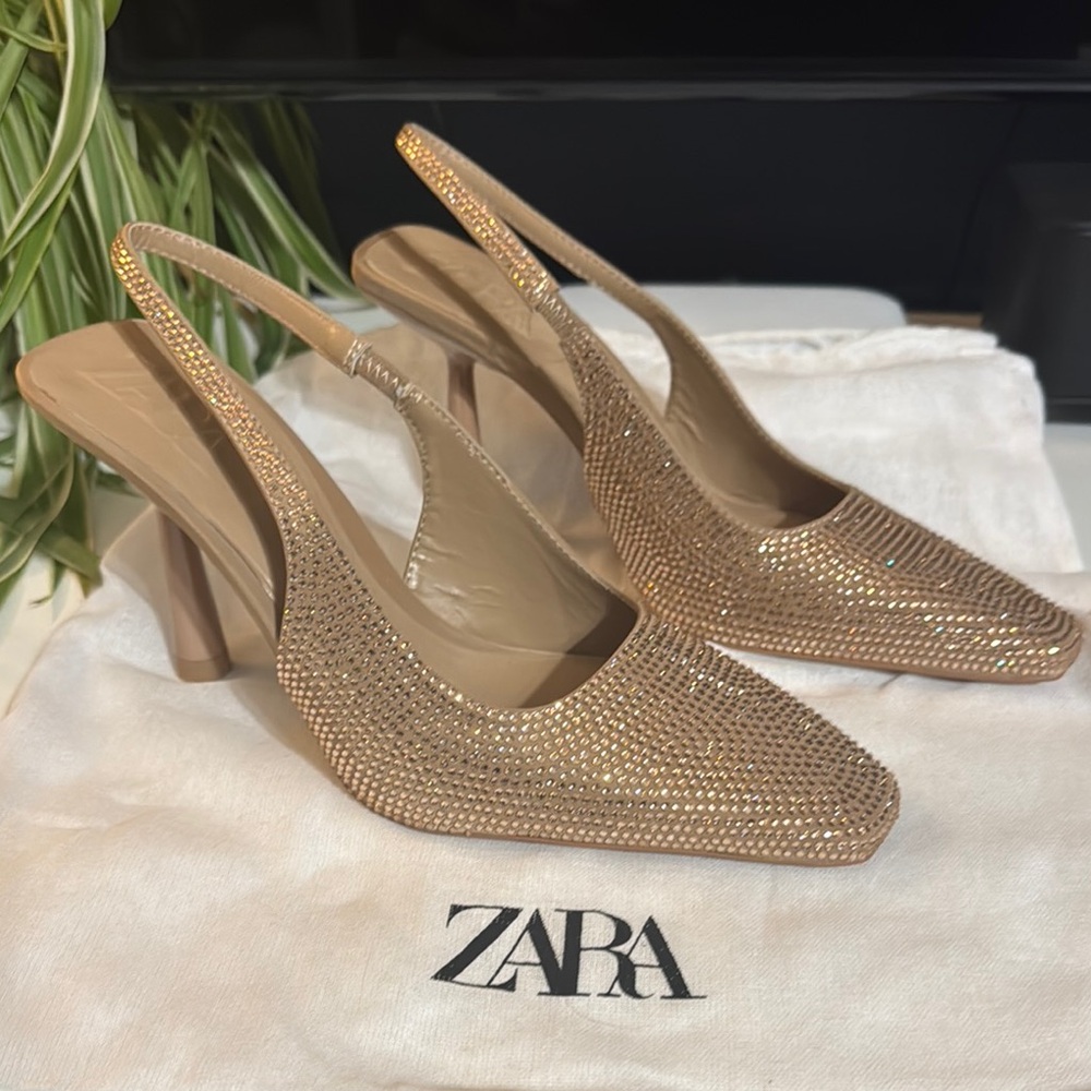 NWT Zara Champagne Crystal Slingback Heels